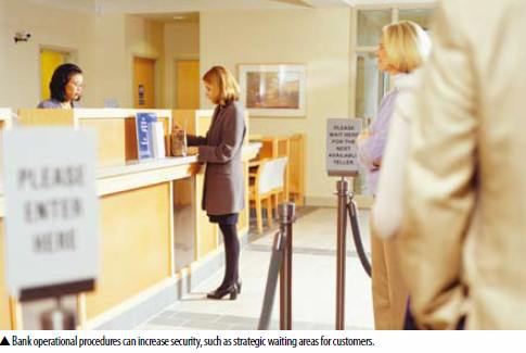 Bank operational procedures can increase security, such as strategic waiting areas for customers.